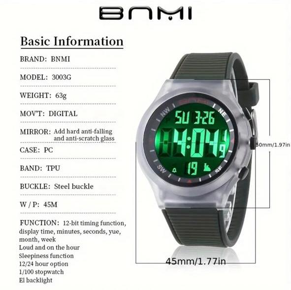 BNMI EL Light Sports Electronic Watch For Outdoor, 118 Inch WR Digital Alarm Wrist Watch For Men Women Sports