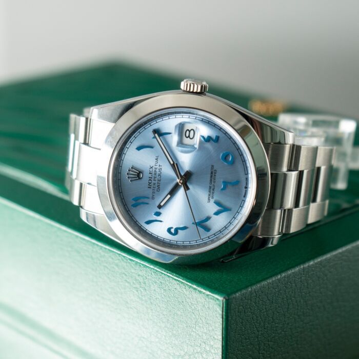 Rolex Mens Date Adjust 41mm Ice Blue Arabic Dial Oyster Steel